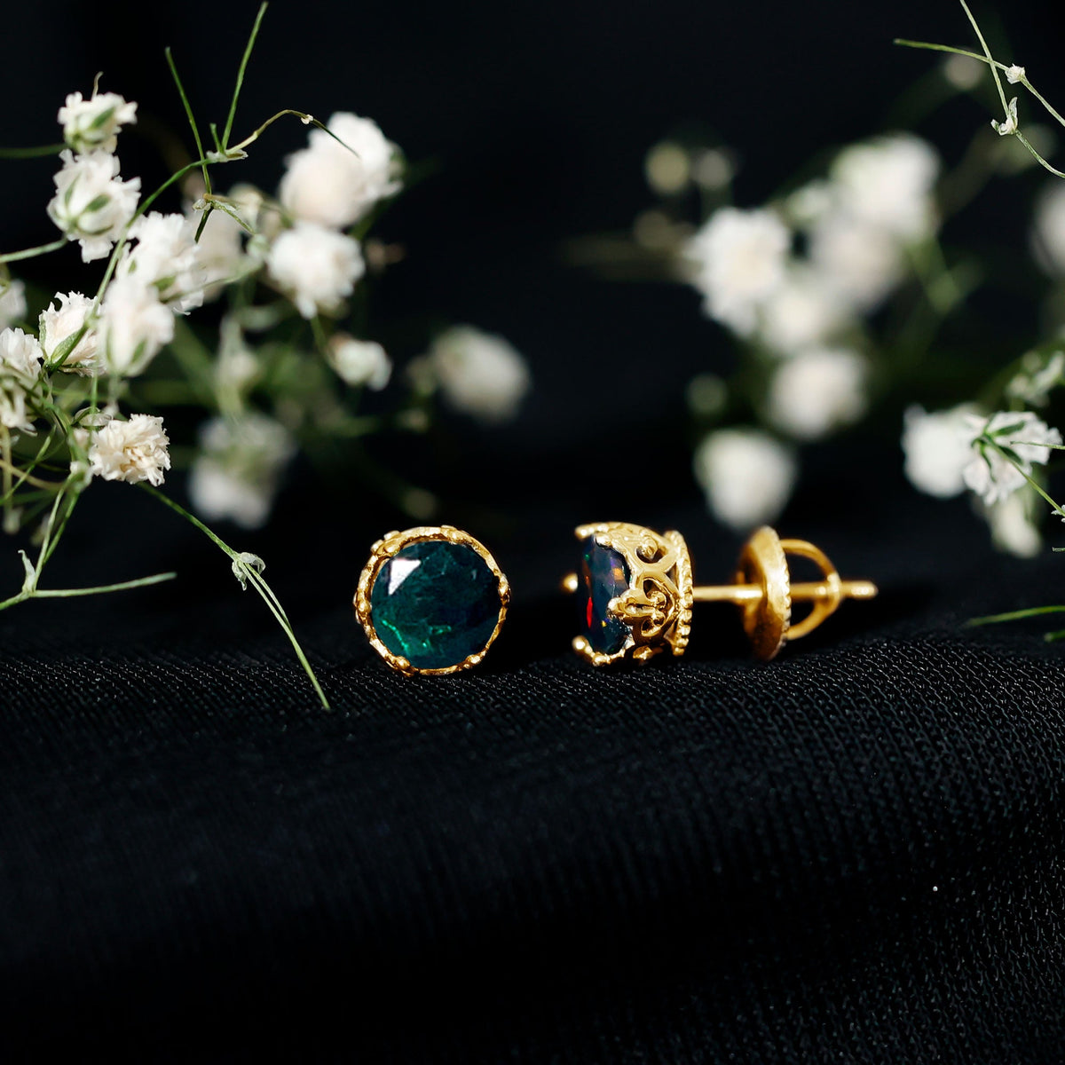 Natural black opal crown stud earrings with screw back by Rosec Jewels, showcasing sparkling black opal stones and elegant design