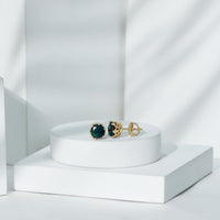Natural black opal crown stud earrings with screw back by Rosec Jewels, showcasing elegant gemstone and intricate crown design.