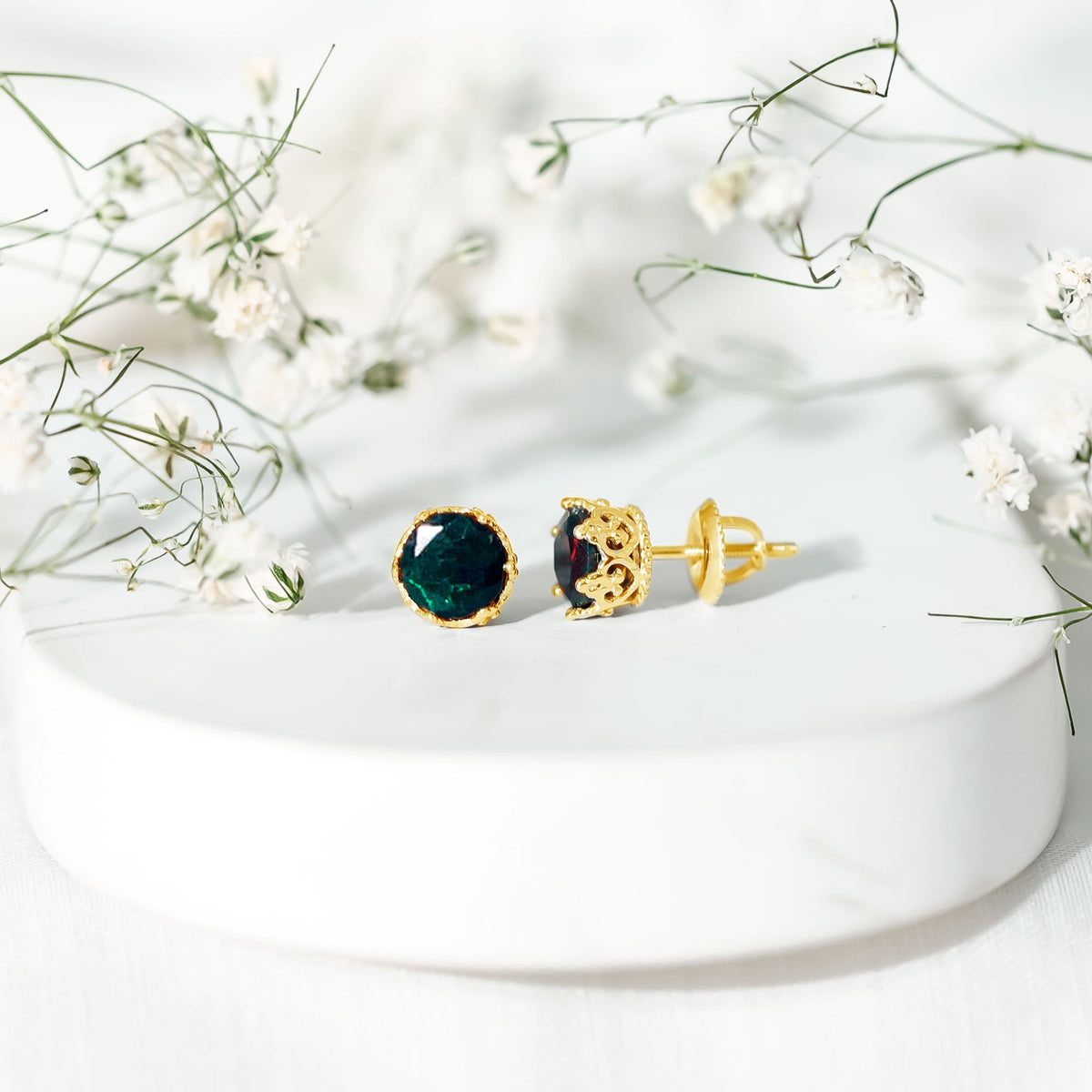 Natural black opal crown stud earrings with screw back by Rosec Jewels, showcasing elegant gemstone design and secure fastening