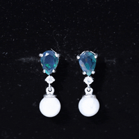 Pear Cut Black Opal and Freshwater Pearl Drop Earrings with Moissanite