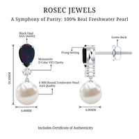 Pear Cut Black Opal and Freshwater Pearl Drop Earrings with Moissanite