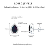 Classic Pear Cut Black Opal and Moissanite Halo Stud Earrings