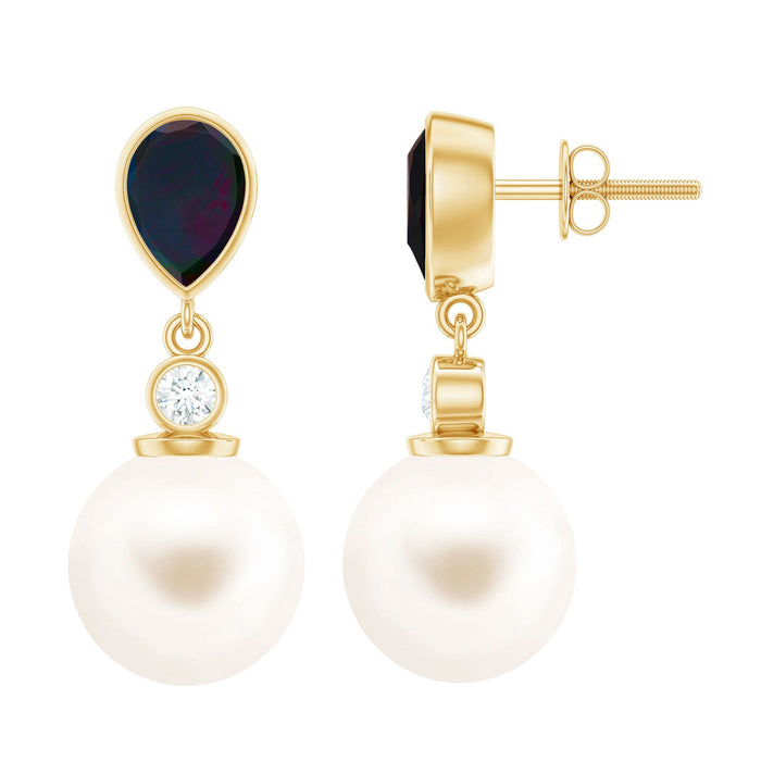 Freshwater pearl drop earrings with black opal and diamond accents by Rosec Jewels, elegant jewelry with lustrous pearls and sparkling stones.