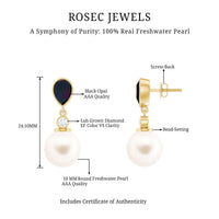 Freshwater Pearl Drop Earrings with Black Opal and Diamond