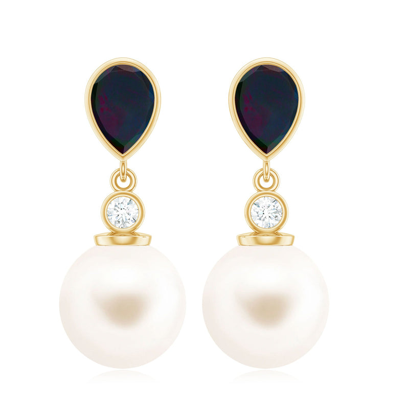 Freshwater pearl drop earrings with black opal and diamond accents by Rosec Jewels, showcasing elegant jewelry design.