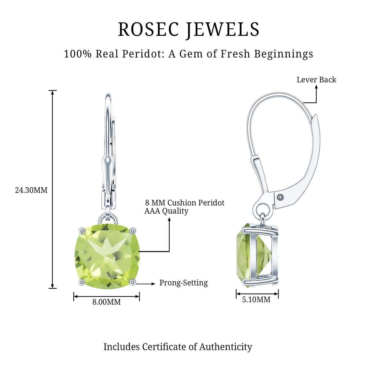 4 Carat Cushion Cut Peridot Solitaire Drop Earrings with Leverback