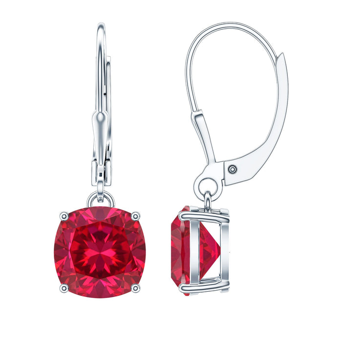 4 Carat cushion cut lab-grown ruby hoop earrings for women by Rosec Jewels, featuring vibrant red gemstones and gold hoops.
