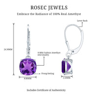 Natural 8mm Cushion Cut Amethyst Drop Earrings with Lever Back