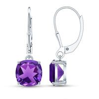 Natural 8mm Cushion Cut Amethyst Drop Earrings with Lever Back