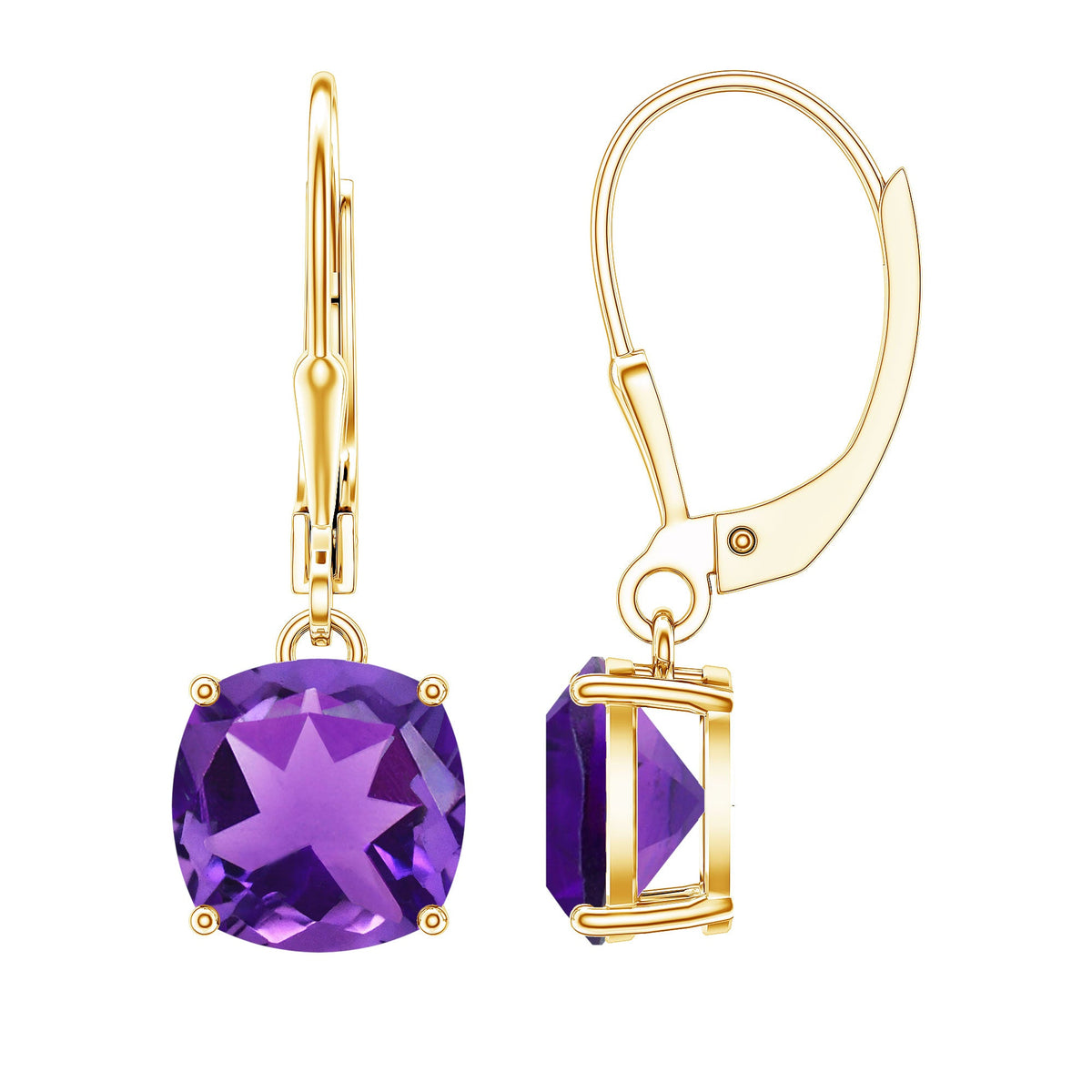 Natural 8mm Cushion Cut Amethyst Drop Earrings with Lever Back