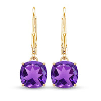 Natural 8mm Cushion Cut Amethyst Drop Earrings with Lever Back