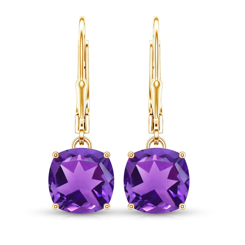Natural 8mm cushion cut amethyst drop earrings with lever back clasps by Rosec Jewels, featuring vibrant purple gemstones and elegant design.