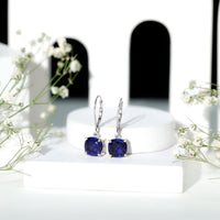 Cushion Cut Lab Grown Blue Sapphire Drop Hoop Earrings
