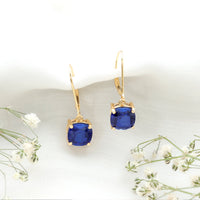 Cushion Cut Lab Grown Blue Sapphire Drop Hoop Earrings