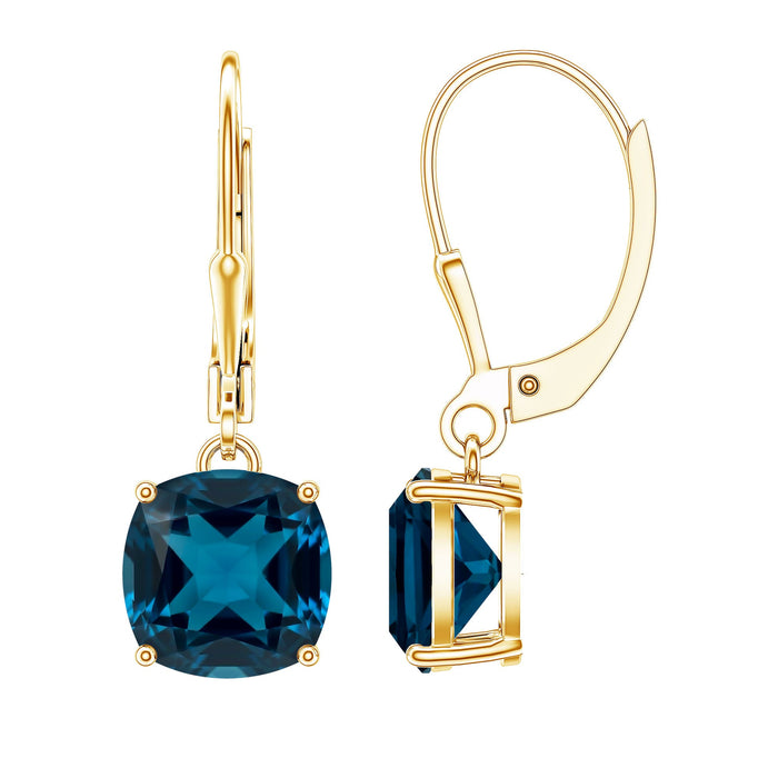 Cushion cut London Blue Topaz solitaire drop earrings by Rosec Jewels, featuring elegant blue gemstone dangles.