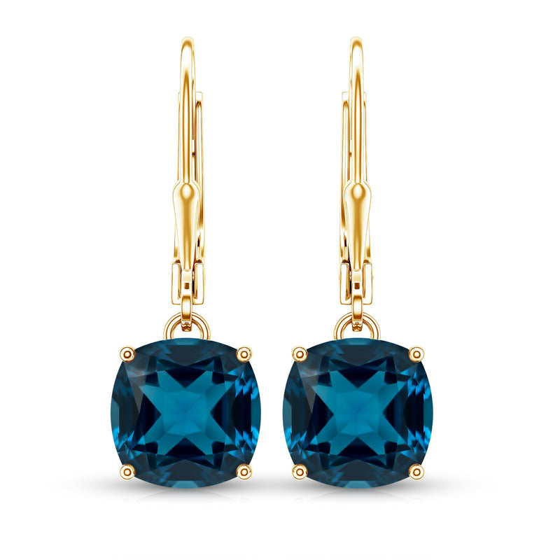 Cushion cut London Blue Topaz solitaire drop earrings with sterling silver setting, featuring elegant and vibrant gemstone design.
