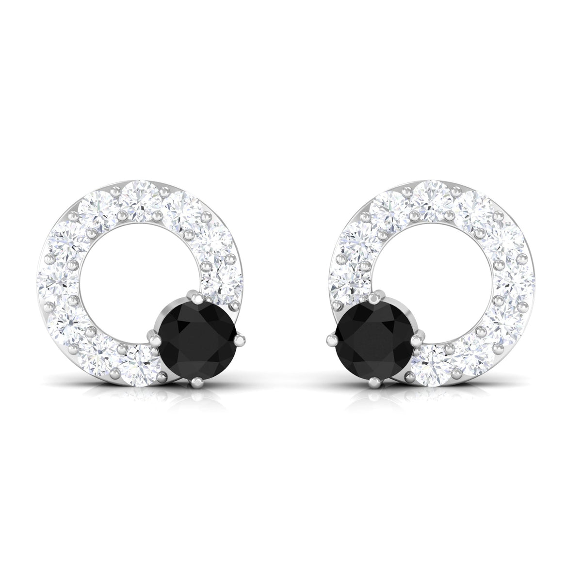 Real Black Onyx Circle Stud Earrings with Diamond
