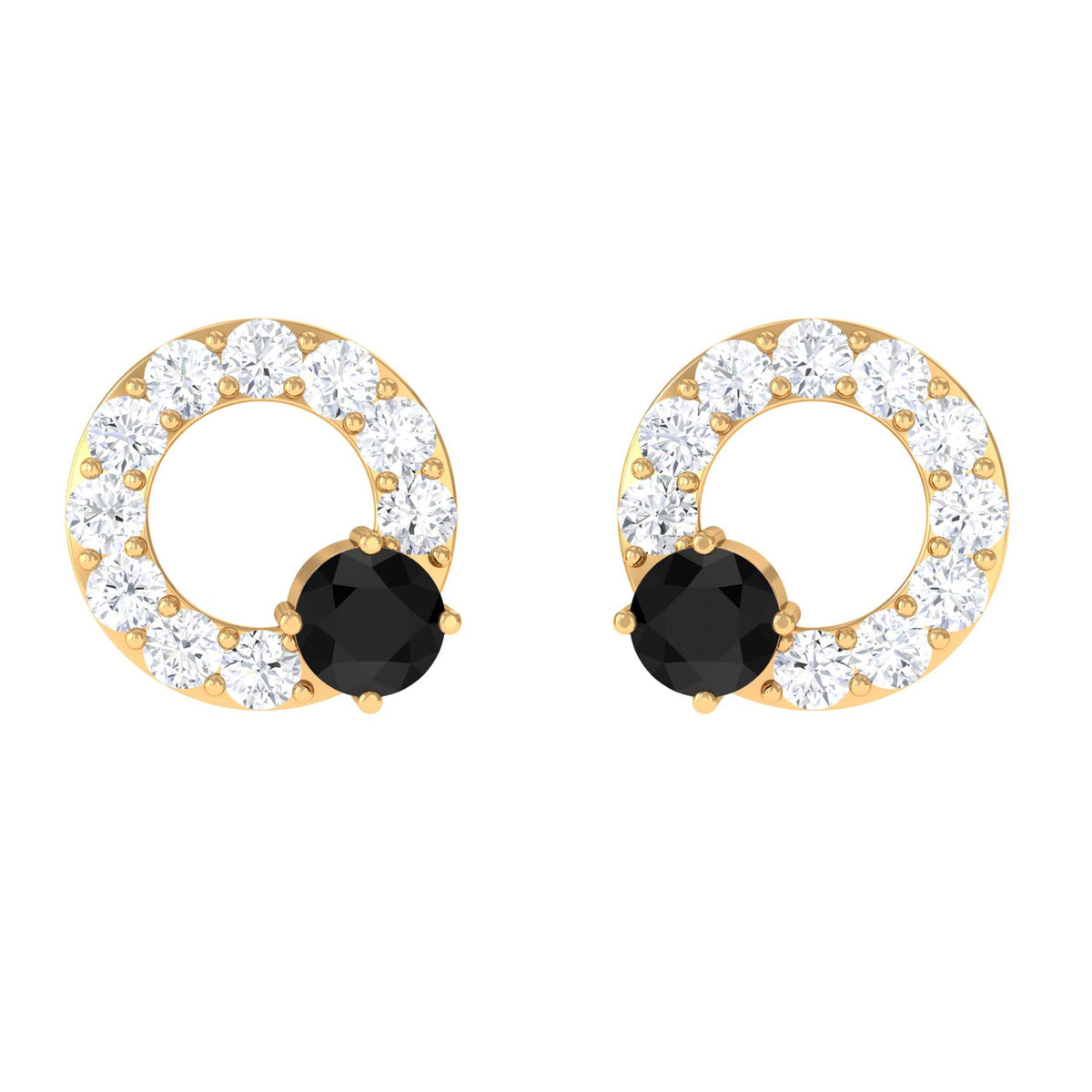 Real Black Onyx Circle Stud Earrings with Diamond