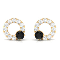 Real Black Onyx Circle Stud Earrings with Diamond