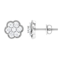 Genuine Diamond Flower Stud Earrings with Screw Back