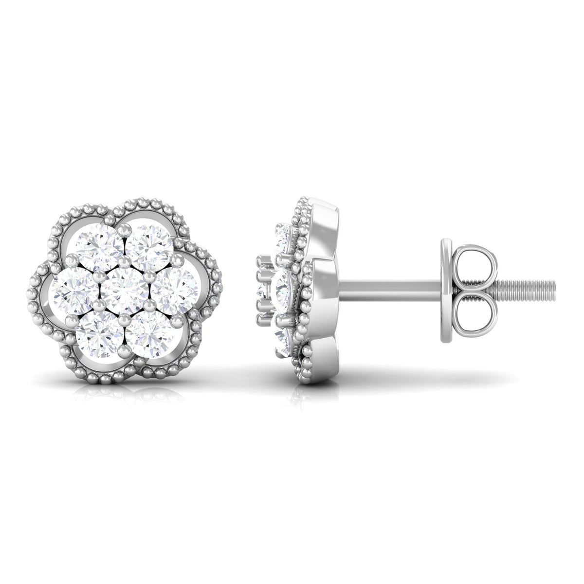 Genuine Diamond Flower Stud Earrings with Screw Back