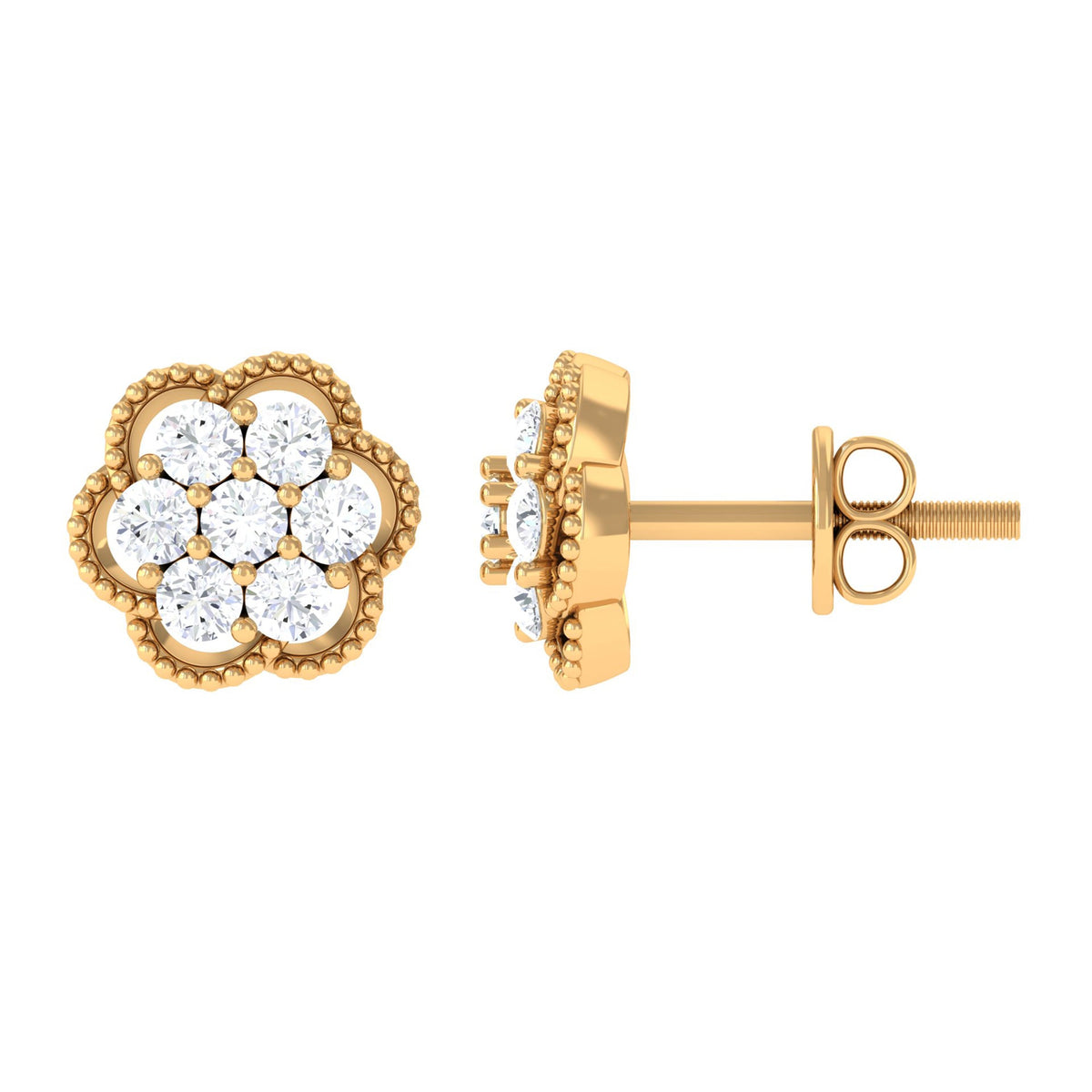 Genuine Diamond Flower Stud Earrings with Screw Back