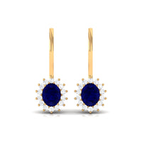 1.25 CT Oval Blue Sapphire Drop Earrings with Diamond Halo