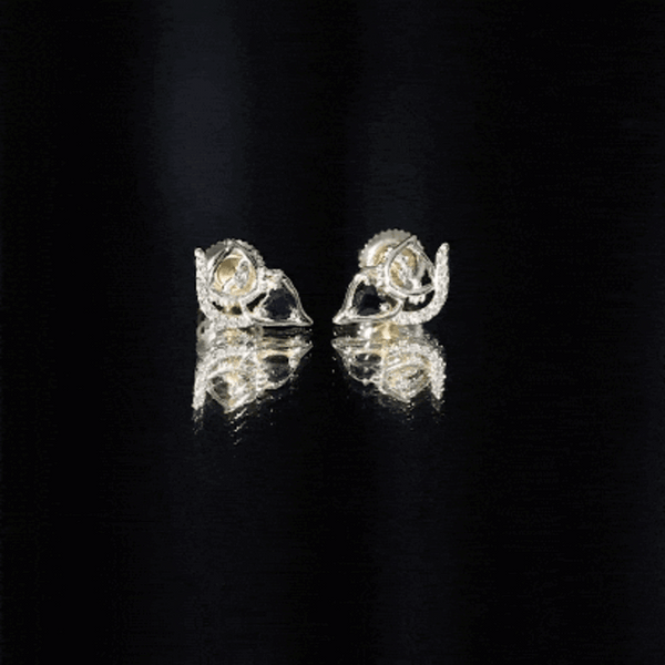 Heart-shaped lab-grown black and white diamond cat stud earrings by Rosec Jewels, showcasing sparkling gemstones and feline design.
