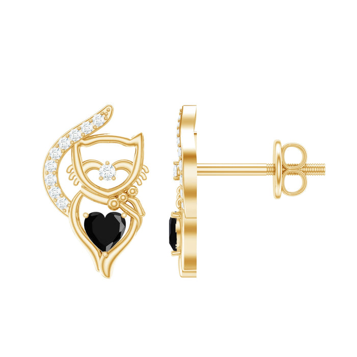 Heart-shaped lab-grown black and white diamond cat stud earrings by Rosec Jewels featuring sparkling gemstone details