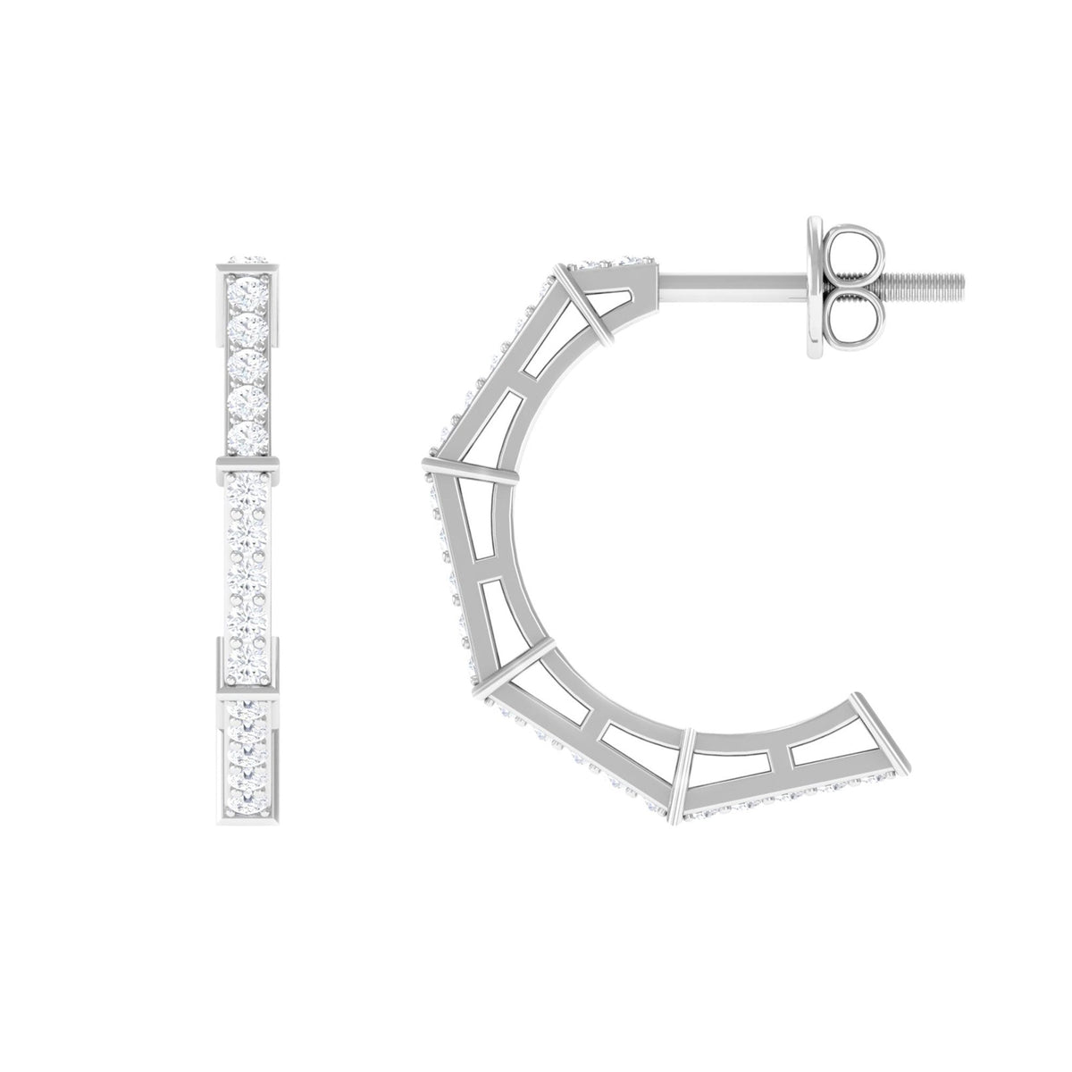 Rosec Jewels 1/2 CT pave set diamond half hoop earrings featuring sparkling diamonds and sleek silver hoops.