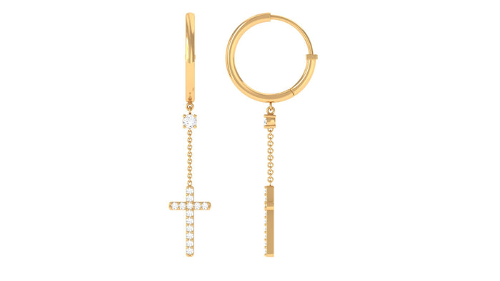 Genuine diamond cross drop earrings with hinged hoops by Rosec Jewels, featuring sparkling diamonds and elegant design.