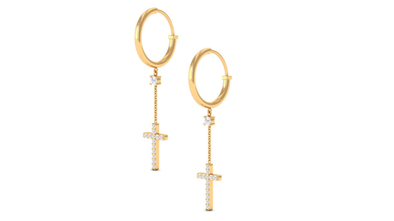 Rosec Jewels genuine diamond cross drop earrings with hinged hoop, featuring sparkling diamond accents and elegant design