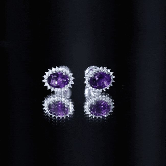 Gold oval amethyst stud earrings with a sparkling moissanite halo from Rosec Jewels.