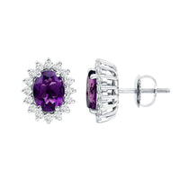 Rosec Jewels classic oval amethyst stud earrings with a moissanite halo, featuring sparkling gemstone accents.