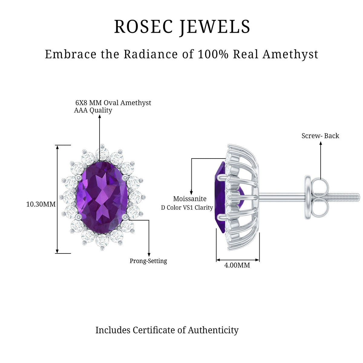 Rosec Jewels classic oval amethyst stud earrings with a sparkling moissanite halo setting, showcasing elegant jewelry design.