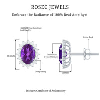 Rosec Jewels classic oval amethyst stud earrings with a sparkling moissanite halo setting, showcasing elegant jewelry design.
