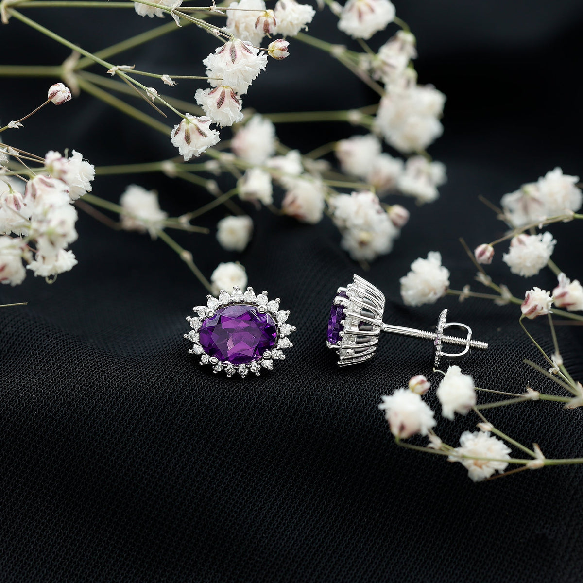 Oval amethyst stud earrings with moissanite halo, featuring Rosec Jewels' elegant and sparkling jewelry design.