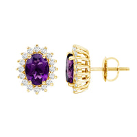Rosec Jewels classic oval amethyst stud earrings with sparkling moissanite halo, elegant jewelry for special occasions.