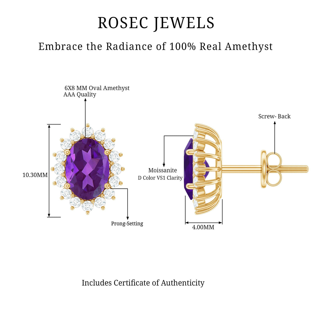 Rosec Jewels classic oval amethyst stud earrings with a sparkling moissanite halo, showcasing elegant gemstone jewelry.