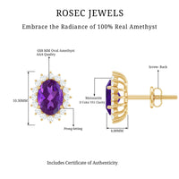 Rosec Jewels classic oval amethyst stud earrings with a sparkling moissanite halo, showcasing elegant gemstone jewelry.