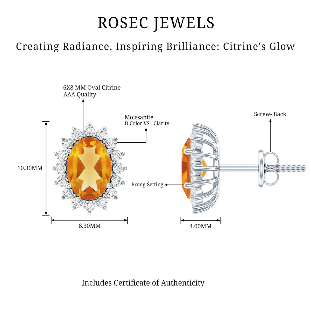 Natural 6x8mm oval citrine stud earrings with halo setting from Rosec Jewels, showcasing sparkling yellow-orange gemstones.