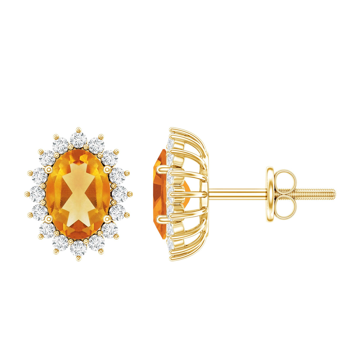 Natural 6x8mm oval citrine stud earrings with halo setting by Rosec Jewels, showcasing sparkling yellow gemstones and elegant design.