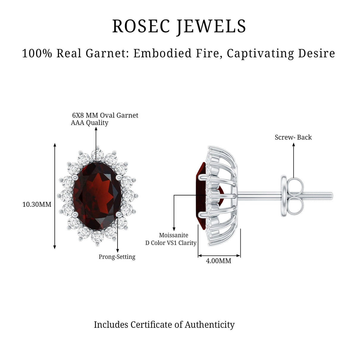 Rosec Jewels 3 Carat Garnet oval stud earrings with moissanite halo, featuring vibrant red gemstones and sparkling accents.