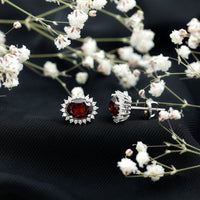 Sterling Silver 3 Carat Oval Garnet Stud Earrings with Moissanite Halo