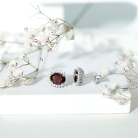 Sterling Silver 3 Carat Oval Garnet Stud Earrings with Moissanite Halo