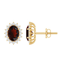Rosec Jewels 3 Carat Garnet oval stud earrings with sparkling moissanite halo setting, elegant jewelry for special occasions