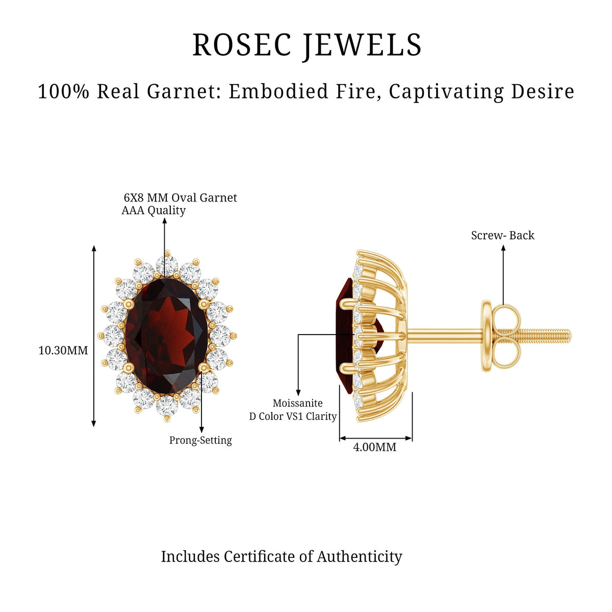 Oval 3 carat garnet stud earrings with moissanite halo, featuring Rosec Jewels' elegant jewelry design.