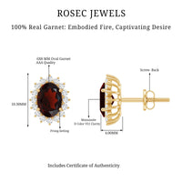 Oval 3 carat garnet stud earrings with moissanite halo, featuring Rosec Jewels' elegant jewelry design.