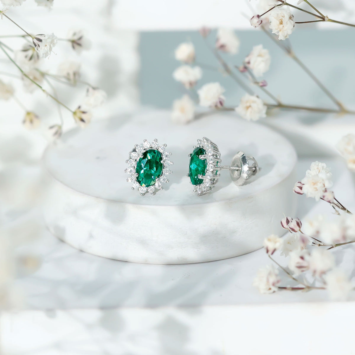 Silver 1.7 Carat Lab Grown Emerald Stud Earrings With Certificate