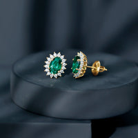 Lab Created Emerald Oval Stud Earrings with Moissanite Halo